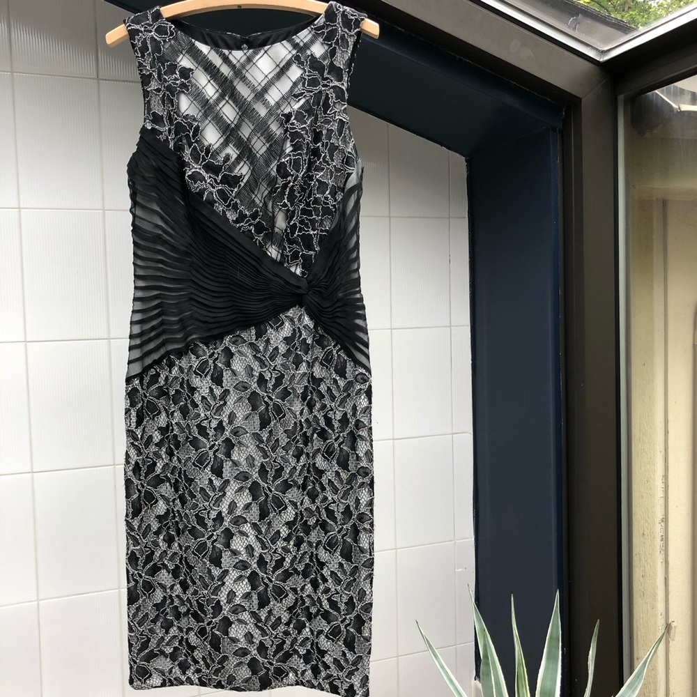 Tadashi Shoji, black lace on white dress. Size 8.